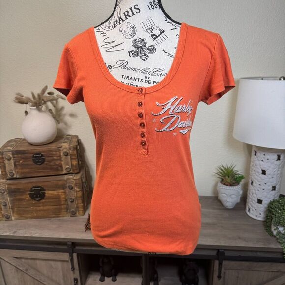 Harley Davidson Y2K Orange Henley Short Sleeve Tee Size S Embellished Biker - Picture 1 of 7